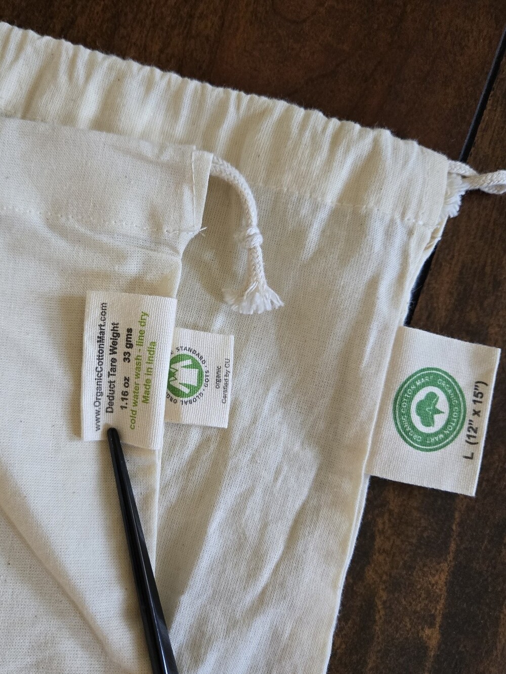 Reusable Produce Drawstring Bags Set of 3 Size L 12″x 15″ Organic Cotton Mart - Picture 6 of 6